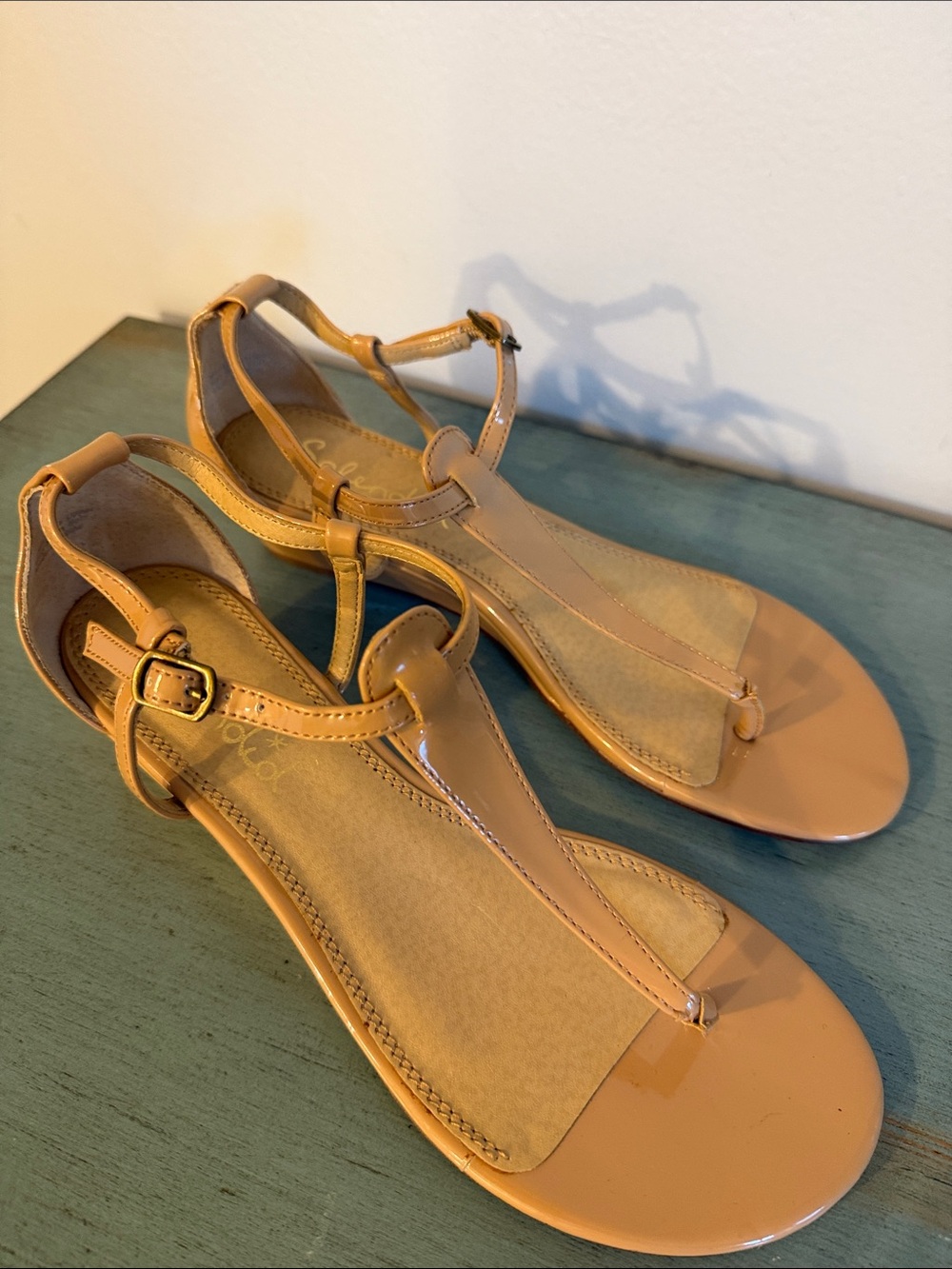 Splendid Patent T-Strap Sandals in Tan